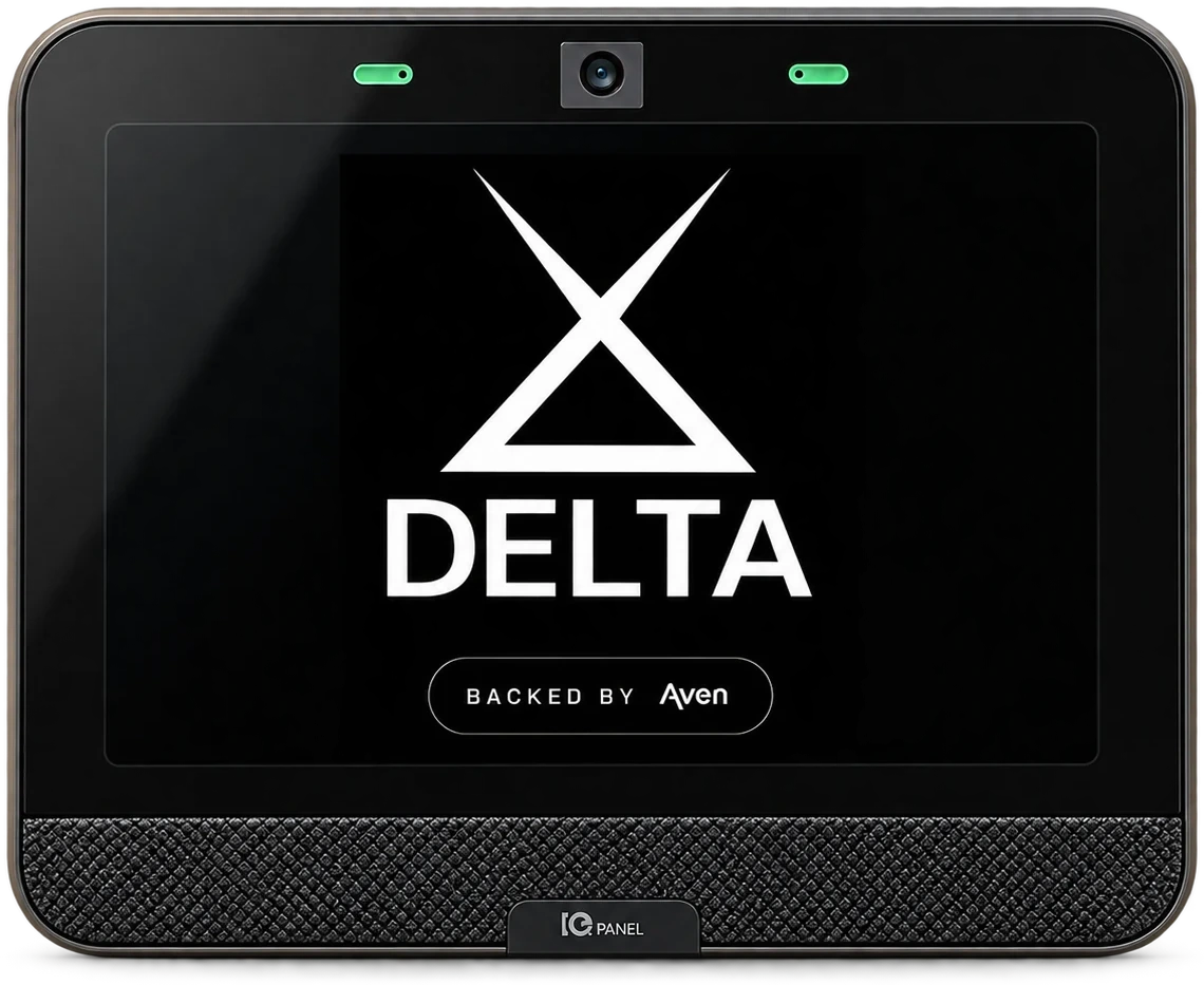 Delta IQ Panel, its screen reads Backed by Aven