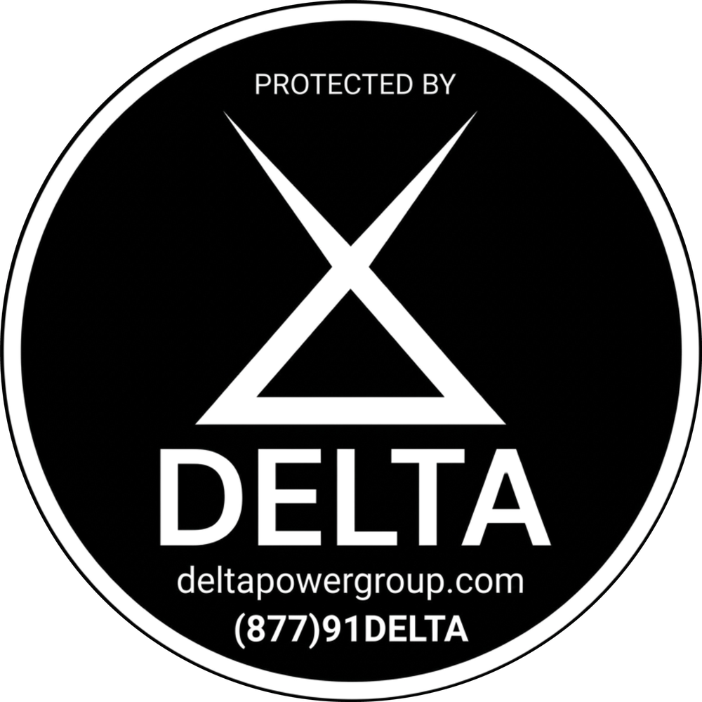 Protected by Delta Power Group — official yard sign · deltapowergroup.com · (877) 91-DELTA