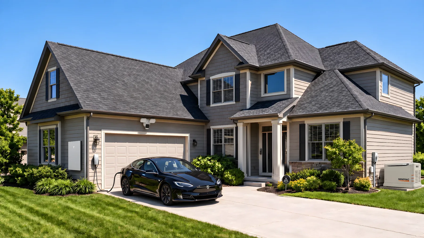A Delta Power Group home: smart home security cameras and video doorbell, a Generac standby generator, an EV charger and the Delta yard sign