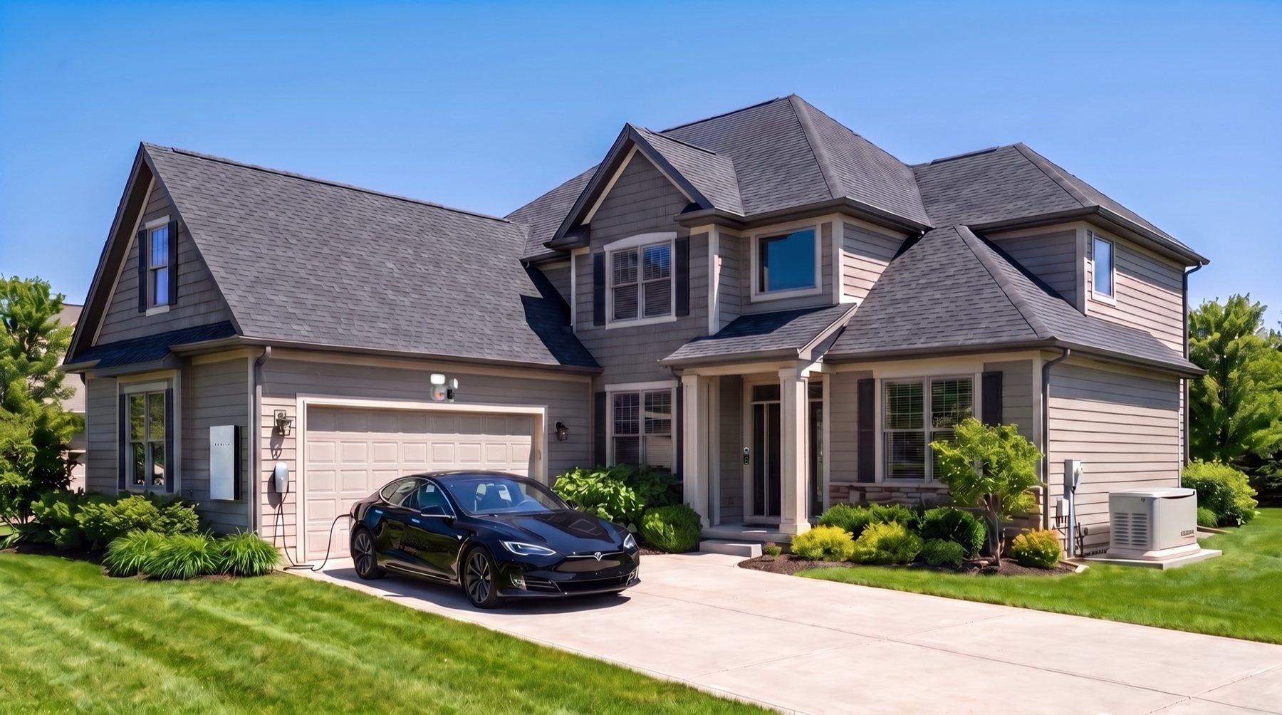 One home fully powered by Delta — smart-home security, a Generac standby generator, Tesla Powerwall backup battery and a GAF roof